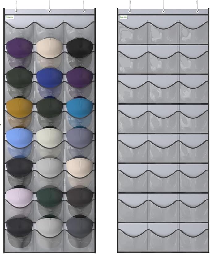 Unjumbly Baseball Hat Rack, 24 Pocket Over-The-Door Hat Organizer with Clear Deep Pockets to Display Baseball Caps Collection, Complete with 3 Over Door Hooks (Grey, 24 Pockets)