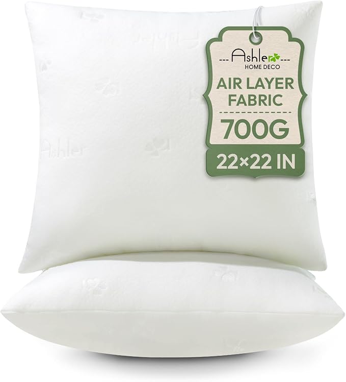 Ashler Throw Pillow Inserts 22 x 22 Inches Set of 2,Firm and Fluffy Decorative Square Pillows with Air Layer, Indoor Square Cushion Stuffer for Couch Bed Sofa and Living Room