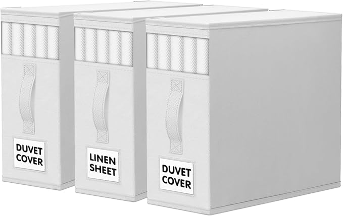 WOWBOX Sheet Organizers and Storage,Closet Bed Sheet Organizer Under Bed Storage and Organization with Label Cards & Clear Window for Bedding Sheets,Duvet Covers,Blankets (3 Pack，White)