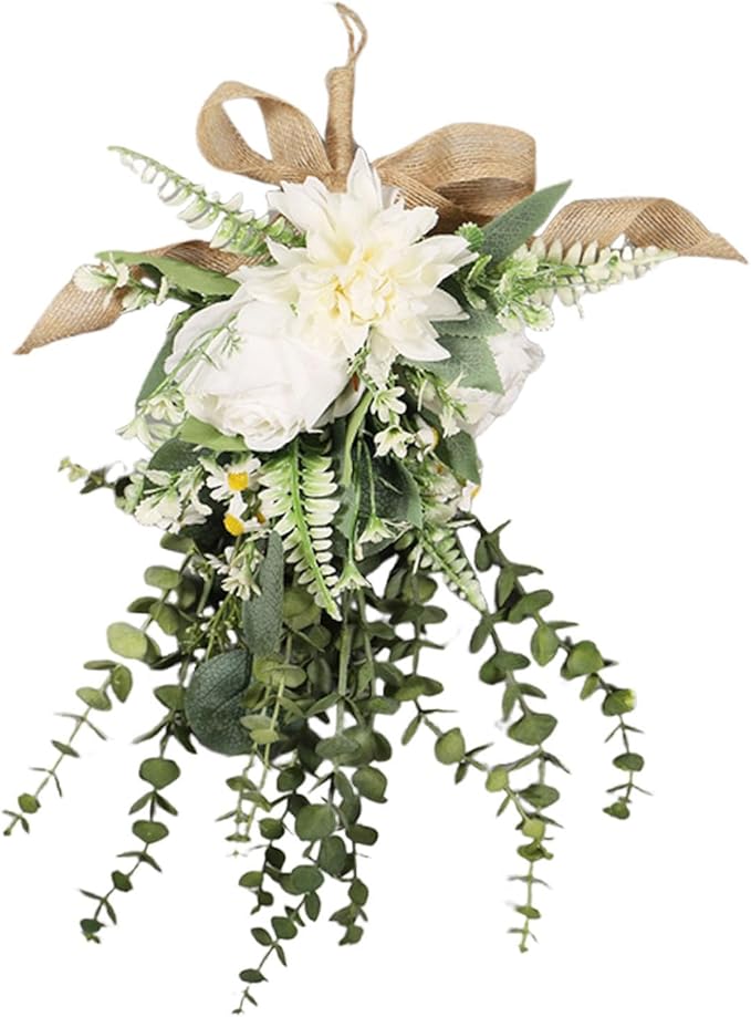 Qianly Artificial Floral Swag Garland Outdoor Indoor, Decorative, Flower Teardrop Wreath, Hanging for Office Holidays Festivals Wall, White