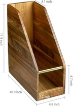 MyGift Premium Hotel Series Solid Acacia Wood Desktop Magazine File Holder Bin with Brass Tone Metal Accent, Vertical Office Desk Document Folder Binder Storage Organizer Rack