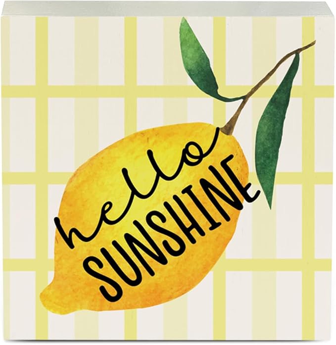 IYEZH Lemon Decor Farmhouse Lemon Wooden Box Sign Rustic Country Hello Sunshine Lemon Box Sign Wood Sign Decor Summer Square Wood Sign Home Kitchen Desk Tabletop Shelf Decor 5 x 5