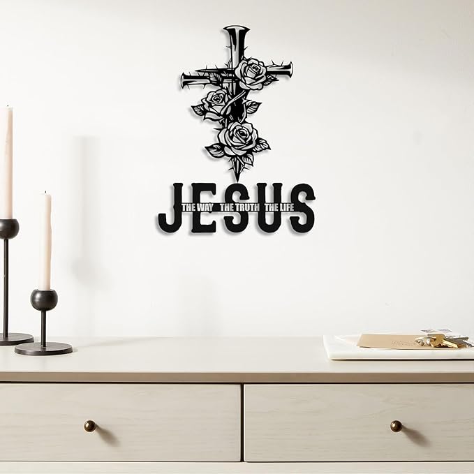 Kercan Jesus Cross Metal Wall Decor Christian Wall Art for Home Religious Cross Decoration Living Room Bedroom Prayer Room The Way The Truth The Life Christ Inspired Christian Gift for Family Friends
