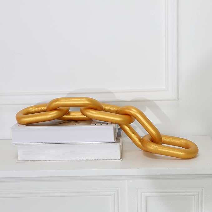 HMASYO Golden Wood Chain Link Decor, 5-Link Wooden Decorative Chain Home Decor Accents, Coffee Table Decor, Shelf Decor Aesthetic, Modern Bookshelf Table Decorative Objects for Living Room