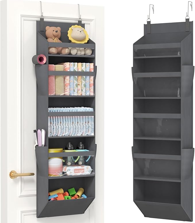 Lifewit 1 Pack Over the Door Organizer, Clear Window Hanging Storage with 4 Side Pockets, Anti Tilt 40 lbs Load Behind Door for Pantry, Nursery, Bathroom, Bedroom, Dorm, 5 Section, Gray