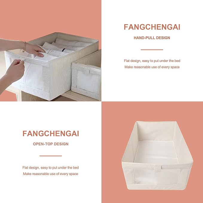 Cotton Linen Drawer Organizer Bins Set of 2 - No Lid Clothes Storage Drawers, Fabric Foldable Stackable Organizers for Closet Bedroom Dorm Underbed Storage