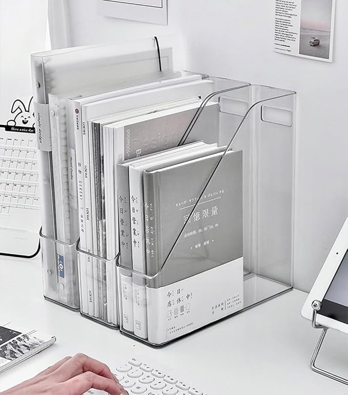 Acrylic Magazine Holder, 4 PCS File Magazine & Book Storage Rack for Office Desk, Clear Book Organizer with 3pcs Silicone Automatic Bookmarks (4)