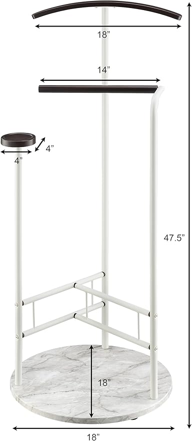 Proman Products Scandia Valet Stand, Clothes Rack, Clothing Organizer with Tray, Hanger and Trousers Bar, Wood, Metal, White