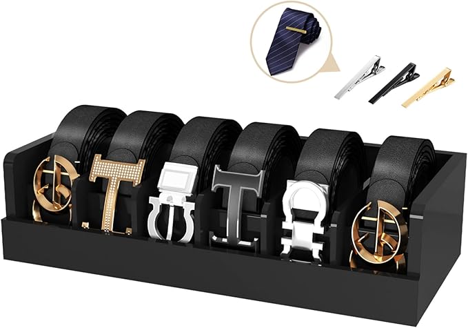 Belt Organizer for Closet - 6 Grids Black Bamboo Belt Storage Organizer Racks for Men Women's Drawer, Belt Display Holder Wall Mount with 2 Pcs Tie Clip