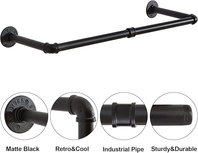 IBUYKE Industrial Pipe Clothes Rack Set of 2, 37 Inch Wall Mounted Clothing Rack, Space-Saving Hanging Closet Rod, Heavy Duty Multi-Purpose Garment Rack for Closet and Laundry Room, Black TYJ001H-2