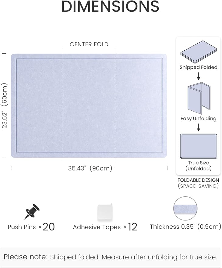 Fluxynara Bulletin Board,35.4" x 23.6" Cork Board Alternative with 12 Safe Removable Adhesive Tabs, Foldable Felt Pin Board for Home Office, Classroom, Bedroom,Entryway for Walls—Soft Periwinkle