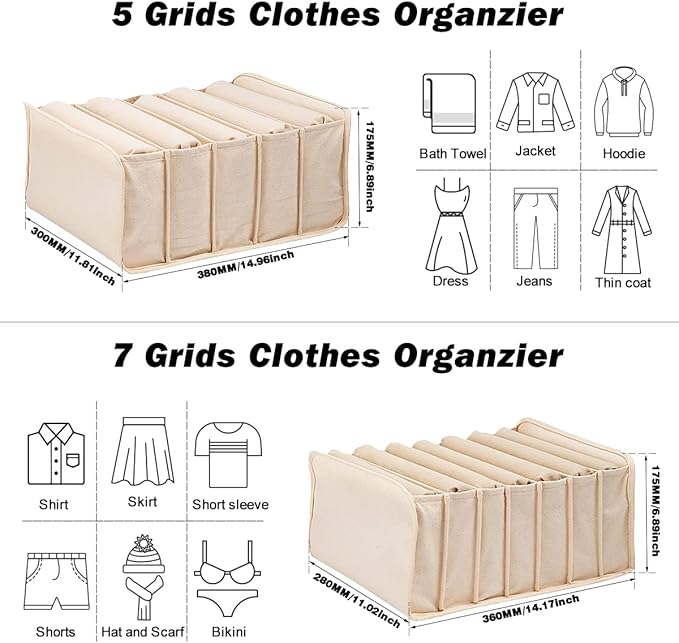2 Packs Cotton Wardrobe Clothes Organizer, Foldable Closet Organizers and Storage Larger 7 Grids 5 Grids Set Drawer Organizer with PP Board for Clothes, Jeans, Pants, Sweaters, Tshirt