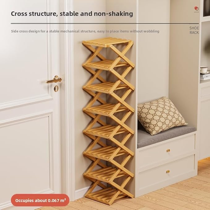 Bamboo Shoe Rack Organizer, 2-10 Tiers, Natural or Tea Color, No-Tool Assembly, Foldable Storage Shelf (Installation Free 10 Layers 30-Primary Colors)