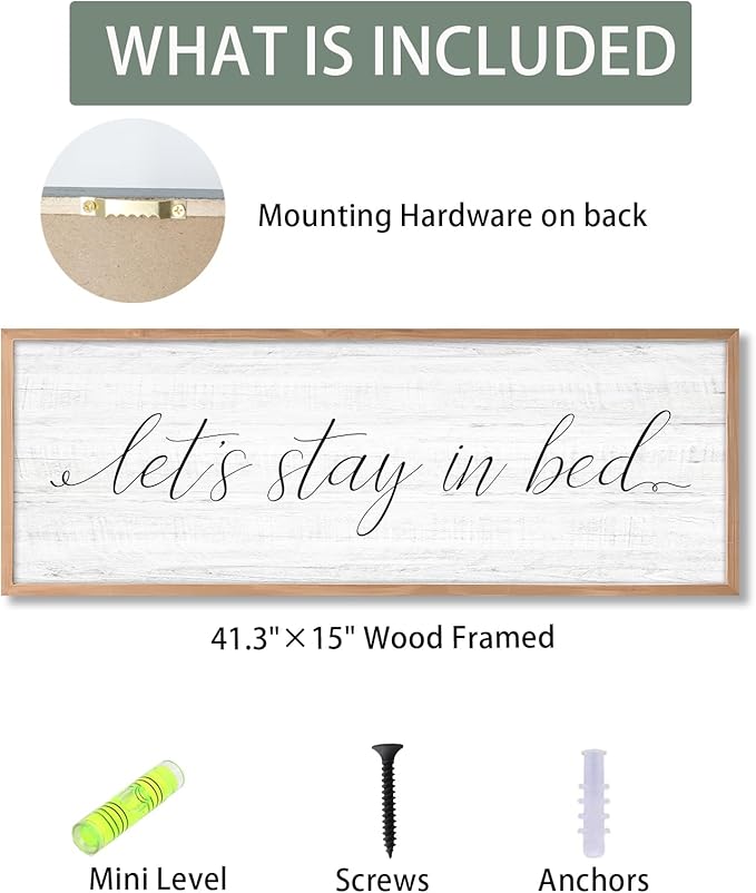 Lets Stay in Bed Wall Decor Above Bed 41.3''×15'' Large Farmhouse Wall Decor for Bedroom Guest Room Decor Framed Wood Wall Art Rustic Master Bedroom Wall Decoration (brown frame)