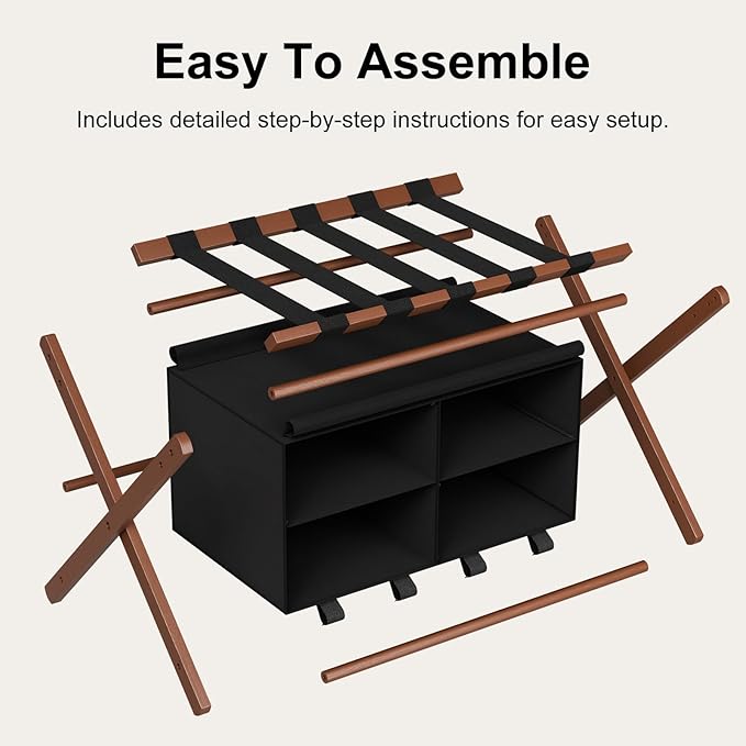 Bamboo Luggage Rack For Guest Room with 4 Storage Compartments, Foldable Suitcase Stand for Guest Room, 150lbs Capacity, Sturdy, Space-Saving and Easy to Assemble Organizer