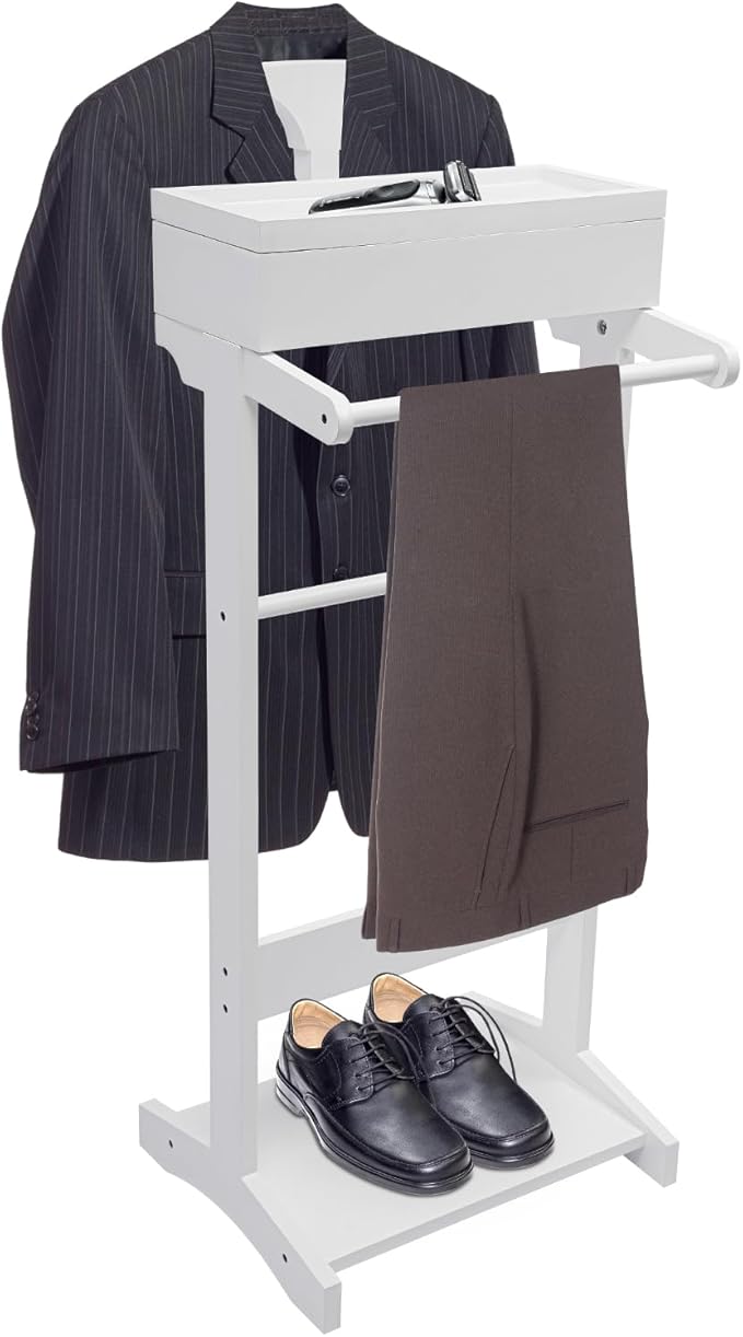 Suit Valet Stands for Women and Men Clothes Wood Valet Stand with Base Freestanding Clothing Organizer Valet Stand Contour Hanger Trouser Bar Belt Hooks for Office Living Room (White)