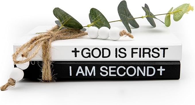 2 Pieces Wooden Decorative White Books, Rustic Farmhouse Faux Books for Coffee Table Shelves with Wood Bead Tassels and Leaves, 7'x 4.6'x 2.5' (God is First, I'm Second)