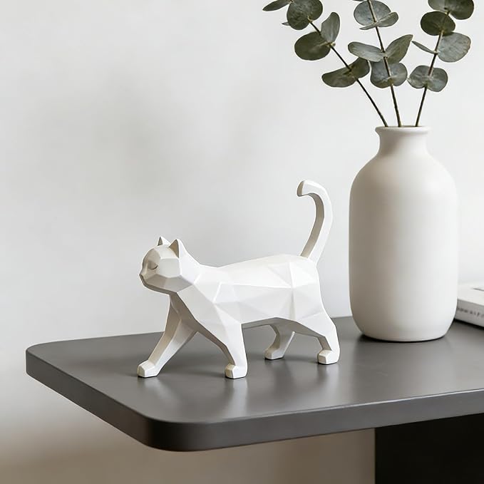 Cynkeyee Geometric Knick Knacks Cat Statue - Modern Resin Sculpture for Home Decor Minimalist Bookshelf Desk Figurine Small White Trinkets for Shelf Decor Office Decoration Accent 6x5x1.6 Inches