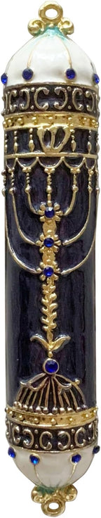 Mezuzah, Exquisite Black and Gold Enamel Mezuzah with Blue Crystal Accent