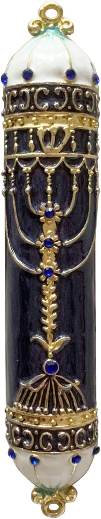 Mezuzah, Exquisite Black and Gold Enamel Mezuzah with Blue Crystal Accent