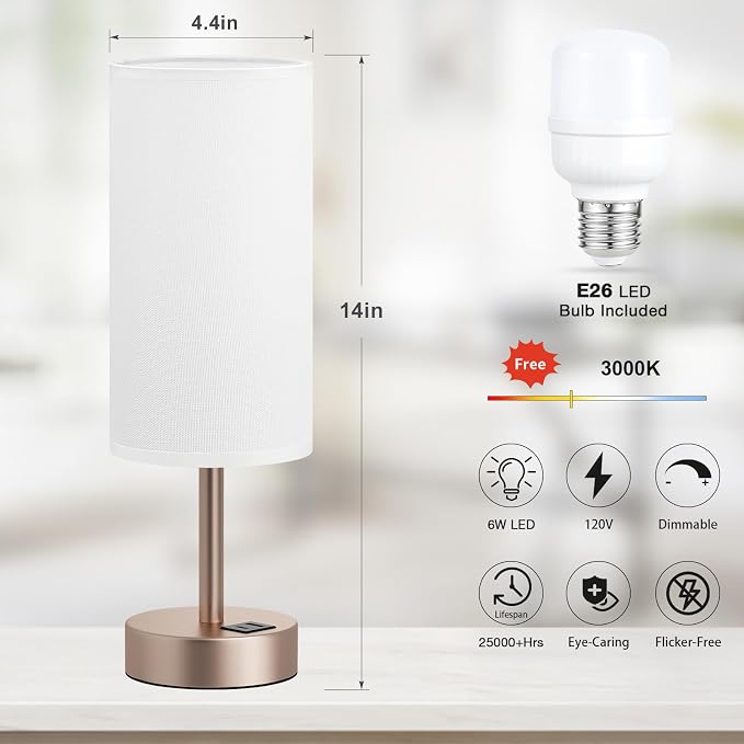 Dicoool Touch Bedside Table Lamp with USB - 3 Way Dimmable Lamp for Bedroom Nightstand, Desk Lamp with Charging Station for Dorm, Living Room, Office, Kids Room, Nursery