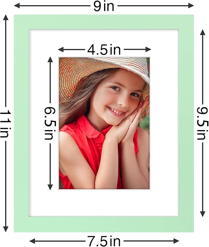 Vittanly 8x10 Picture Frames Set of 9, Shatter Resistant Plexiglass, Display 5x7 Pictures with Mat or 8x10 without Mat, Photo Frames for Wall or Tabletop, Engineered Wood, Light Green