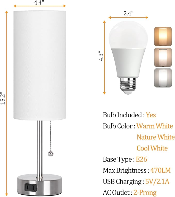 Dott Arts Table Lamp for Bedroom, 3-Color Bedside Lamps with Pull Chain, Bedroom Table Lamps for Nightstand,AC Outlet Small Lamp for Living Room, Bulb Included Nickel