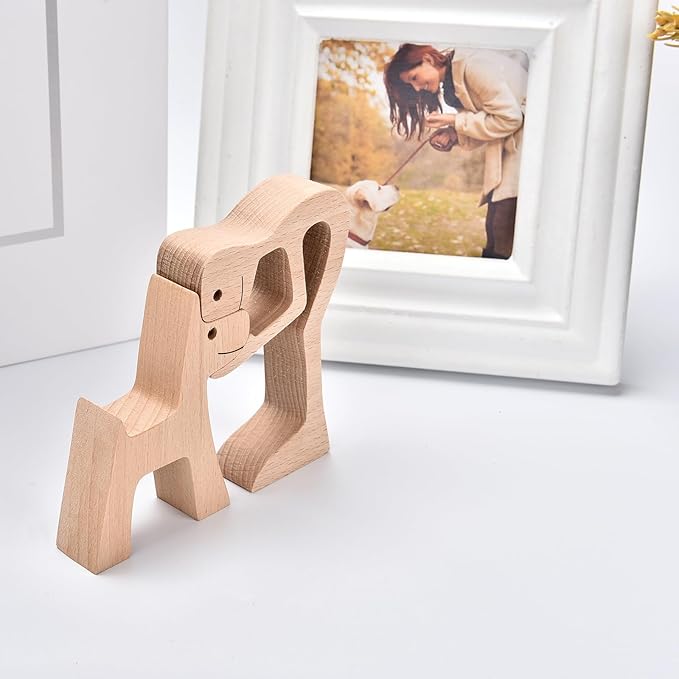 ISHINE Wood Decor Wooden Statue Man and Dog Figurine Handmade Carved Creative Home Office Gift for Men Women Accents Decoration Natural ECO Friendly 7x3 inches (B-Man Kisses Dog)