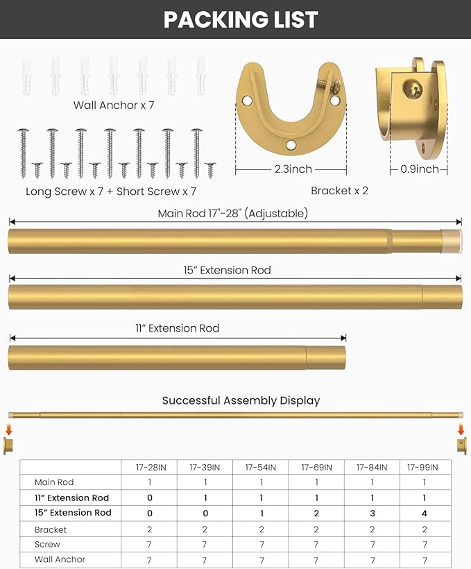Closet Rods for Hanging Clothes, 17 to 99 Inches Stepless Adjustable Metal Closet Rod, 1.3 Inches Heavy Duty Clothes Hanging Rod for Closet Wardrobes Laundry RV, Golden