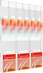 Acrylic Brochure Holder Wall Mount, Magazine and Pamphlet Display, Clear Literature Organizer Rack for 12 Pamphlets and 6 Magazines, Flyer Pamphlet Holder with Business Card Holders and Index Tabs