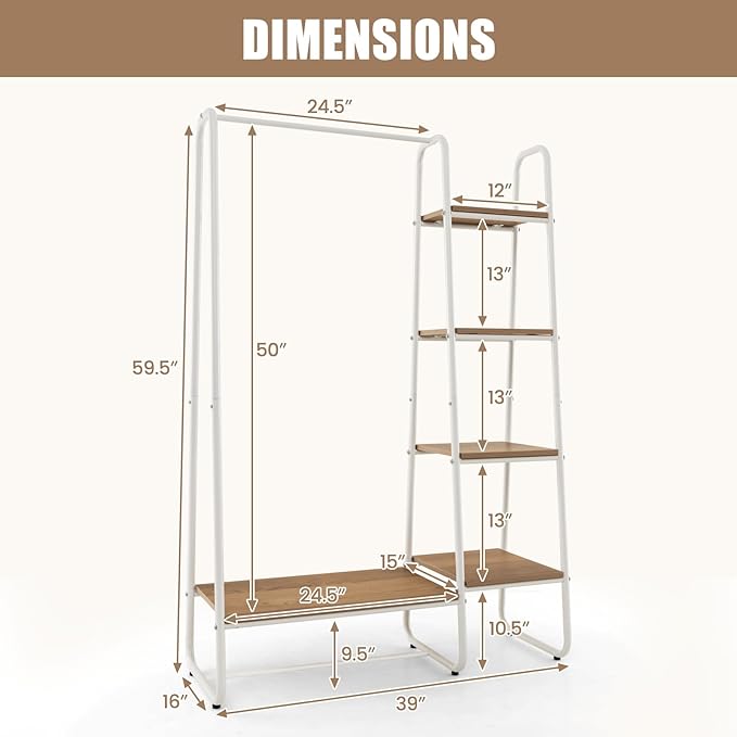 Tangkula Garment Rack with Shelves, Clothes Rack with 5 Shelves & Hanging Bar, Open Wardrobe for Hanging Clothes and Storage, Free Standing Closet Organizer, Clothing Rack for Bedroom Entryway