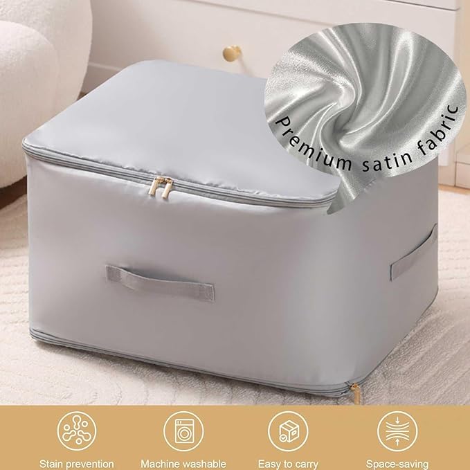 Ultra Space Saving Self Compression Organizer, Large Capacity Storage Bag, Thick Satin Fabric Heavy Duty Bags for Comforters Blankets Bedding Duvet (Gray, X-Large, 2PCS)