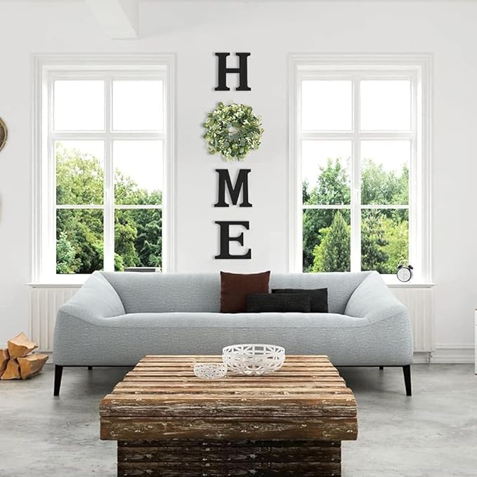 Wooden Home Sign with Artificial Peach Heart Eucalyptus Wreath for O, Hanging Farmhouse Wall House Autumn Decor Wood Letters for Wall Art Rustic Home Decor, Wall Decor for Living Room Kitchen Entryway