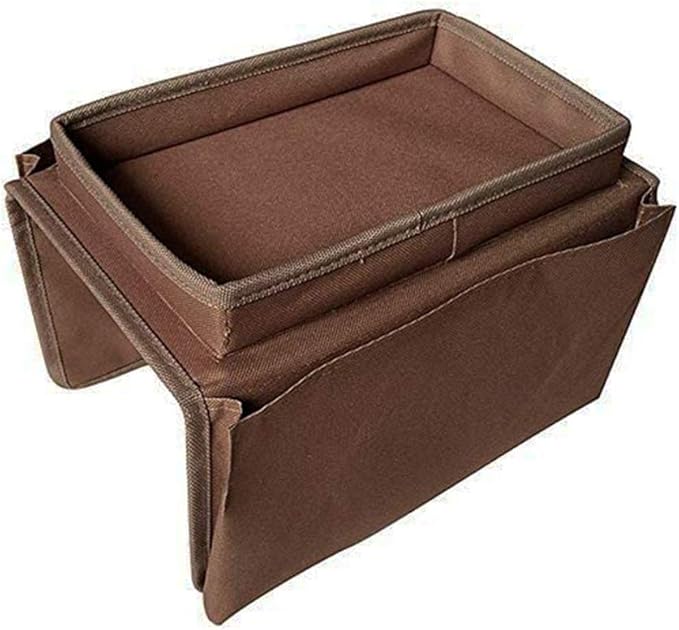 Sofa Armrest Organizer, Couch TV Remote Storage Organizer with Pockets for Recliner Armchair Snacks Glasses Smartphone Magazines Pouch (Brown)