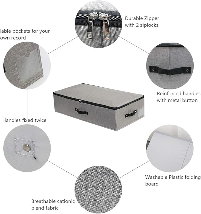 AMJ Under Bed Storage Organizer, Set of 3, Underbed Closet Storage Solution for Closet Organizers Storage Containers with Durable Handles Thick Fabric, Breathable, Linen Dark Gray