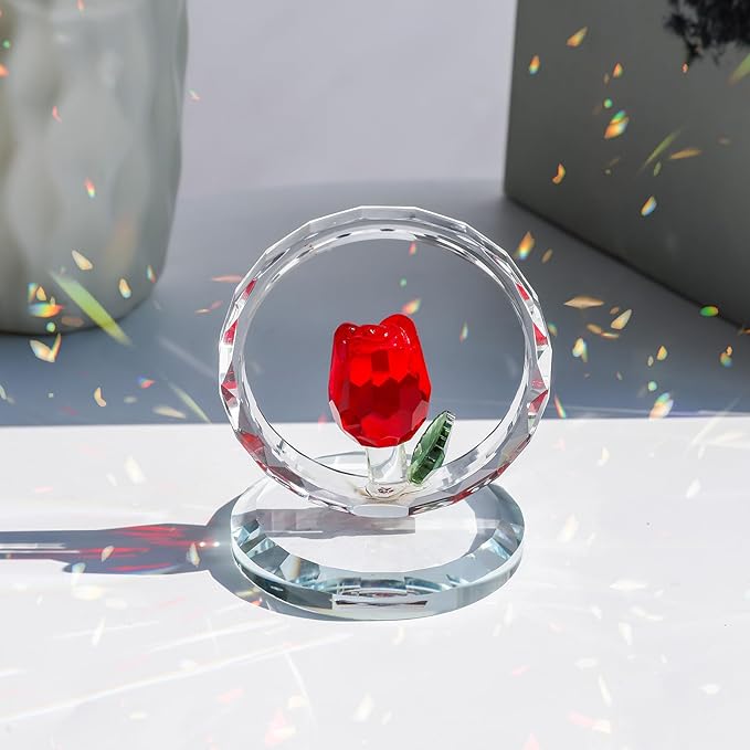 LONGWIN Crystal Red Rose Flower Figurine Collectible Glass Spring Bouquet Decorative Ornaments for Home Office,Romantic Valentine’s Day, Anniversary & Wedding Gifts for Women