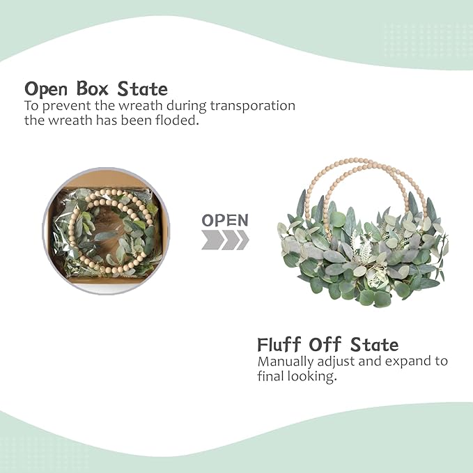 TEMPUS 2Pcs 16" Artificial Eucalyptus Wreaths - Handmade Wooden Bead & Lamb's Ear Spring Wreaths for Front Door, Farmhouse Wall Decor, Holiday Party