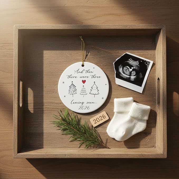 Baby Coming Soon 2026, Baby Announcement Christmas Ornament for New Parents, Expecting Couple, Promoted to Grandparents Gift, Baby Reveal Keepsake Decor (Three Tree)