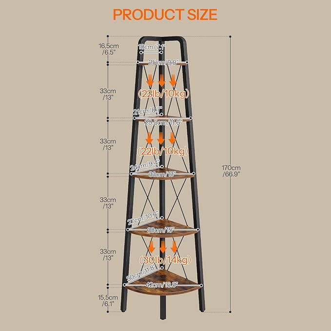 HOOBRO Corner Shelf, 5-Tier Corner Shelf Stand, 66.9” Tall Ladder Bookshelf, Industrial Corner Display Shelf Plant Stand for Living Room, Kitchen, Home Office, Rustic Brown BF145CJ01