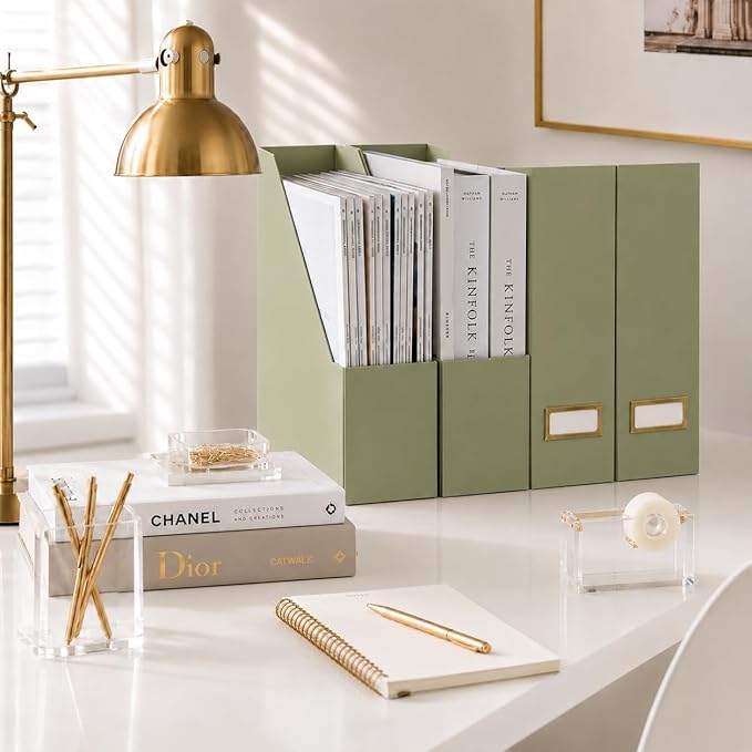 BLU MONACO | Set of 6 Foldable Magazine File Holders in Earth Green | Heavy-Duty Vertical File Organizers with Label Holders | Desk Organizer Set for Paperwork, Documents & Office Storage