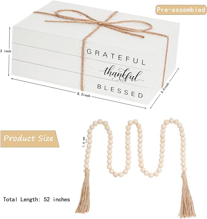 Decorative Books for Home Decor, Wooden Faux Book for Decoration, Farmhouse Stacked Display Books (GRATEFUL thankful BLESSED)