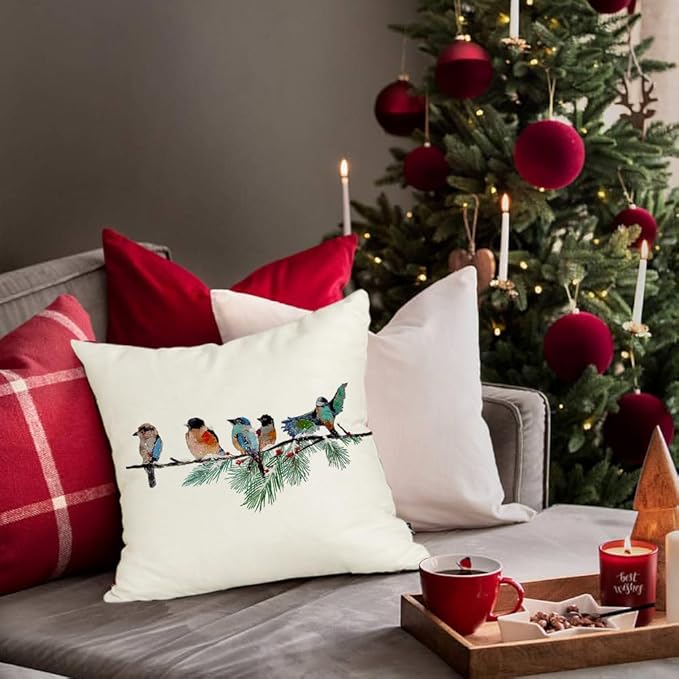 RABUSOFA Christmas Pillow Covers 18x18 Inch Birds Christmas Decorations Christmas Winter Throw Pillow Cases Xmas Outdoor Birds Decor Decorative Pillows for Couch Holiday Teal
