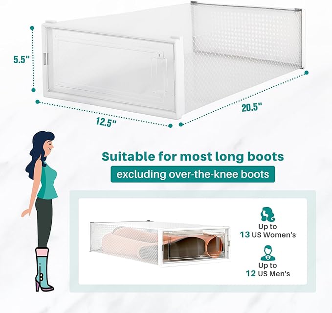 PARANTA 8-Piece Boot and Shoe Storage Box, Stackable Clear Plastic Shoe Box, Space-Saving Shoe Organizer for Boots, Sneakers, and High Heels, Clear