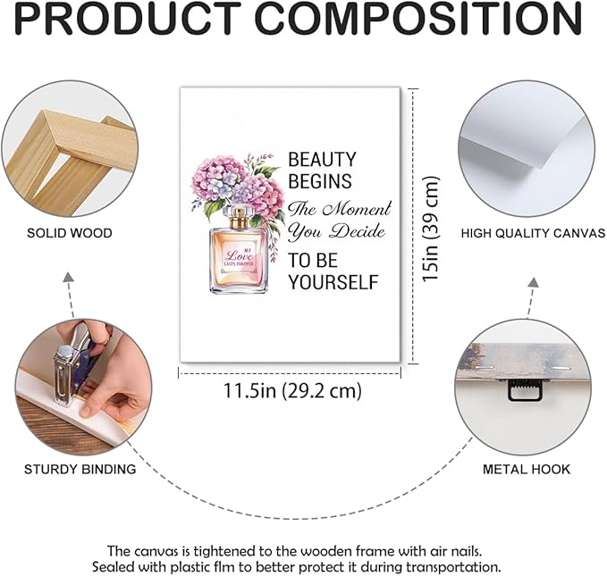 Inspirational Pink Flower Wall Art Decor for Powder Room Bedroom Bathroom, Motivational Quotes Wall Decor Canvas Painting Pictures Artwork Gift for Women Teens (11.5 X 15 Inches, Framed)