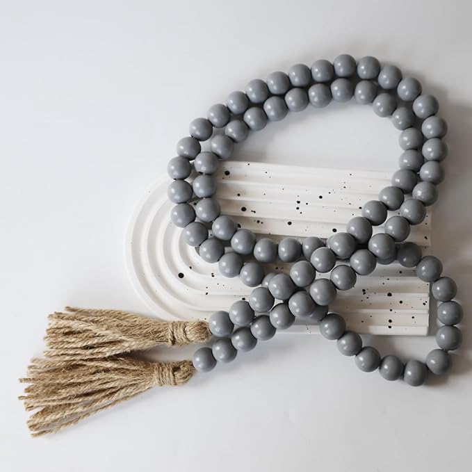 Boho Decor Wood Beads Garland Farmhouse Wall Hanging Decorations Natural Wooden Bead Tassel Decorative for Coffee Table Christmas and Prayer (Gray, 58")