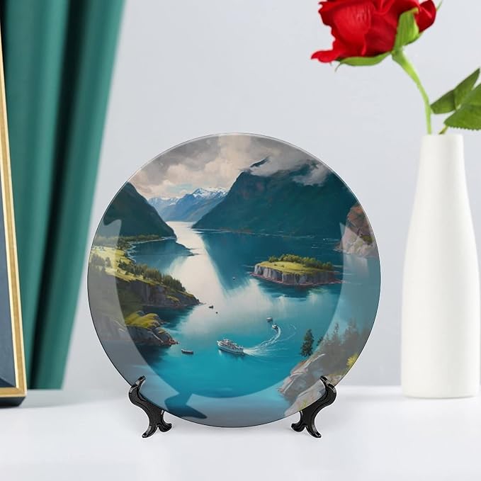 Decorative Plates, Fjords Mountain Lake & Ship Landscape Display Plate for Home Office Kitchen Table Decor Porcelain Plates 8 Inch, Birthday Gifts