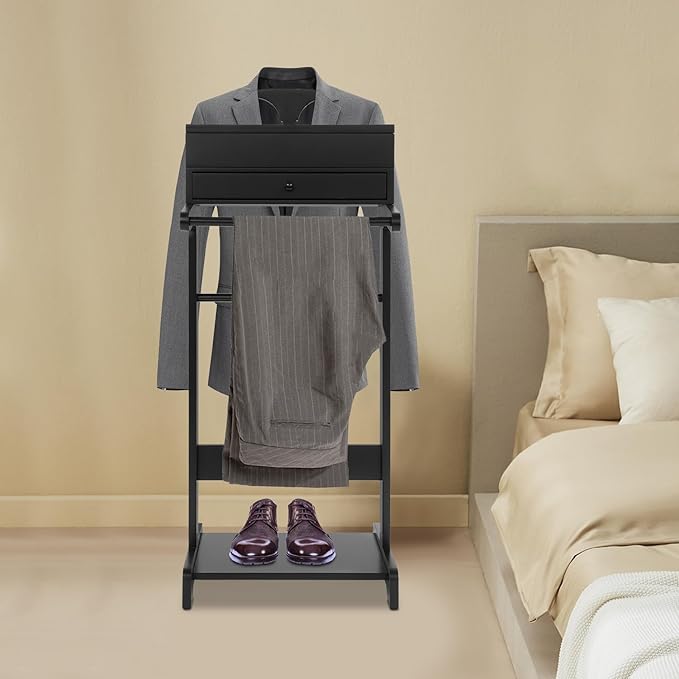 Bathrena Suit Valet Stand for Bedroom, Hotel Valet Clothes Rack Organizer with Hanger & Shoe Rack, Wooden Garment Valet Stand for Suits, Pants, Ties, Belts, Black.
