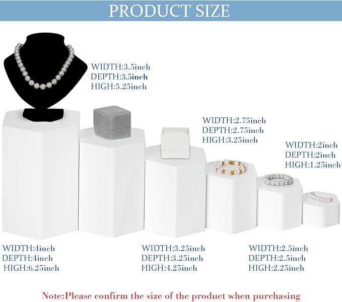 Jetec 24 Pcs Hexagonal Jewelry Display Risers Hexagonal Market Display Risers Stands Acrylic Showcase Acrylic Stand for Jewelry Model Figures Decoration, 6 Sizes (White)