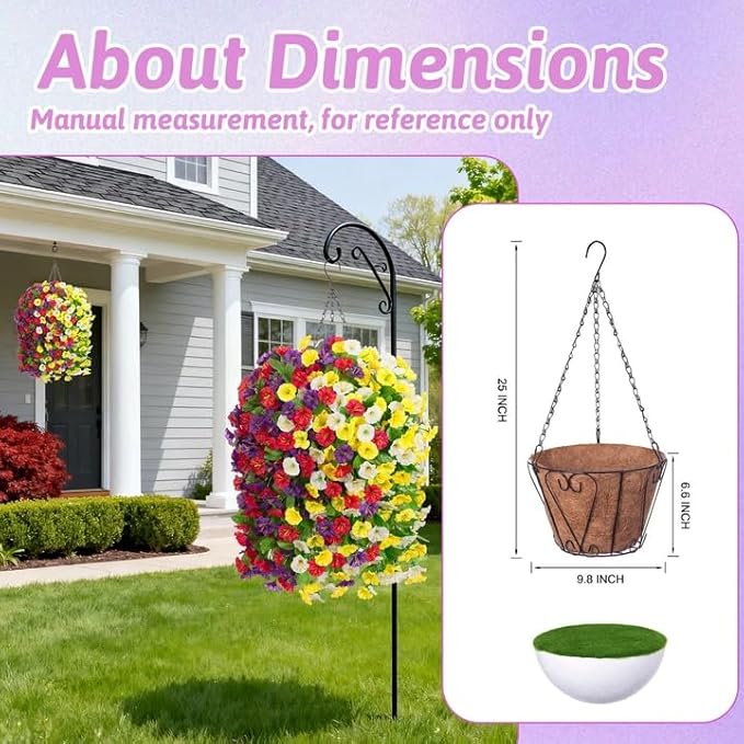 Artificial Fake Hanging Flowers Basket for Spring Decor, Faux Silk Flower in Planter for Summer, Outdoor Artificial Floral for Home Porch Yard(Yellow White Purple Red)