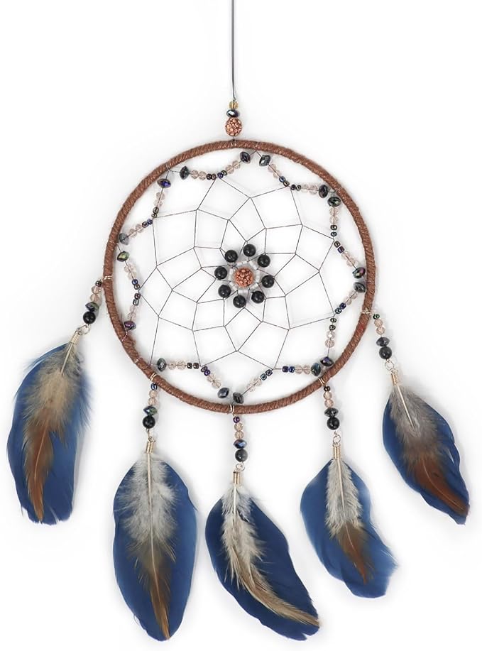 Blue Dream Catcher, Handmade Rattan Large Dreamcatcher Ornaments with Feathers and ABS Beads, Hanging Wall Decoration for Bedroom, Living Room to Have a Good Mood and Sleep (Blue)